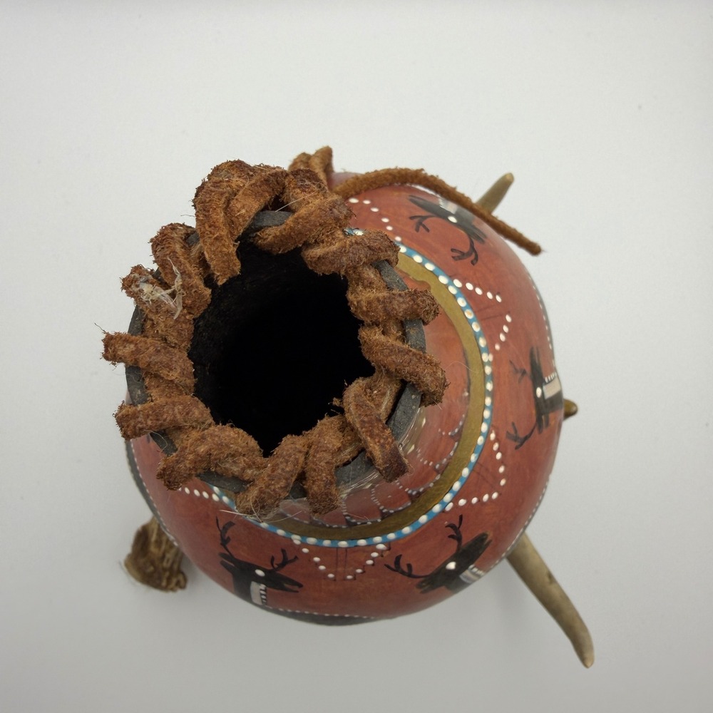 Southwestern Hand-Painted Gourd Vase Antler Base Rustic Lodge Decor Folk Art - Picture 9 of 11